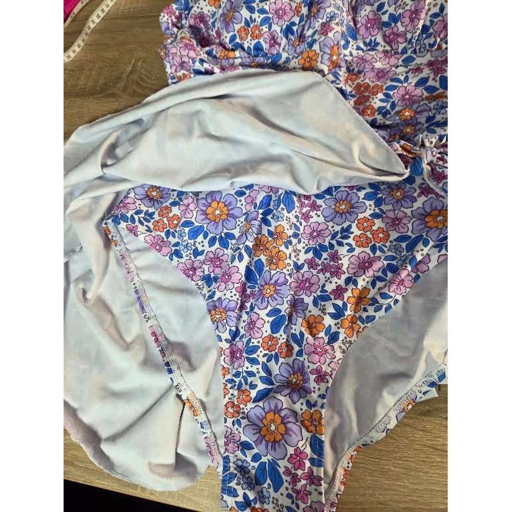 Charmo Womens Floral Wrap One Piece Swimsuit UPF 50+ Purple Orange Blue XL NWT